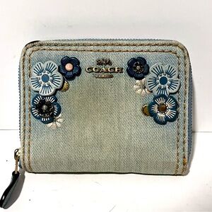 Coach Distressed Denim Wallet with Floral Appliqués